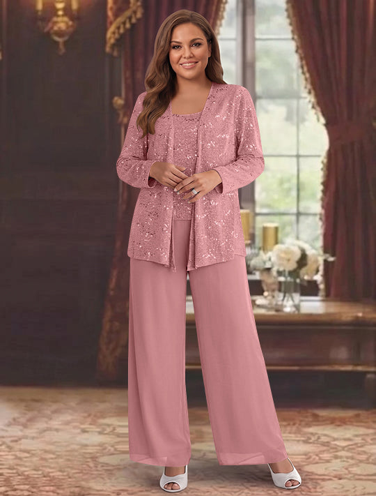 Chiffon Plus Size Mother of the Bride Pantsuits with Jacket &amp; Sequins