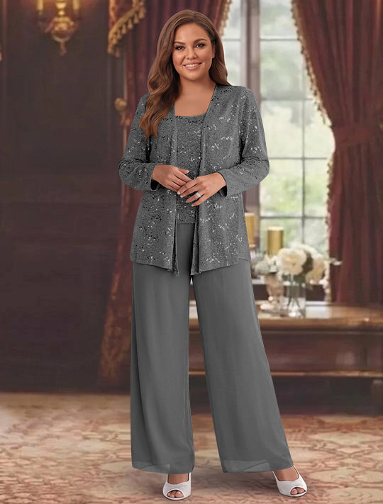 Chiffon Plus Size Mother of the Bride Pantsuits with Jacket &amp; Sequins