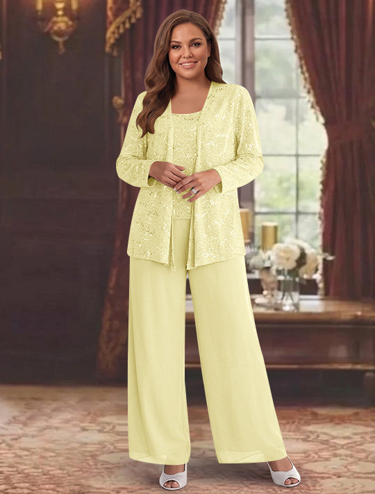 Chiffon Plus Size Mother of the Bride Pantsuits with Jacket &amp; Sequins