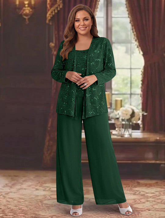 Chiffon Plus Size Mother of the Bride Pantsuits with Jacket &amp; Sequins