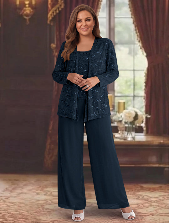 Chiffon Plus Size Mother of the Bride Pantsuits with Jacket &amp; Sequins