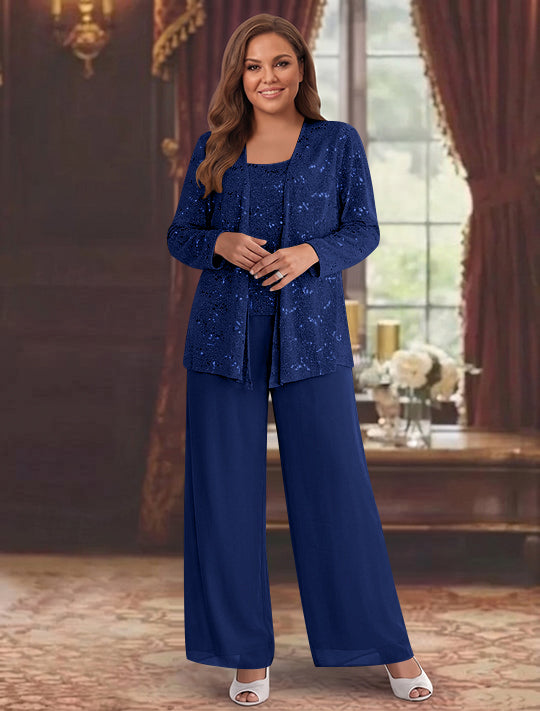 Chiffon Plus Size Mother of the Bride Pantsuits with Jacket &amp; Sequins