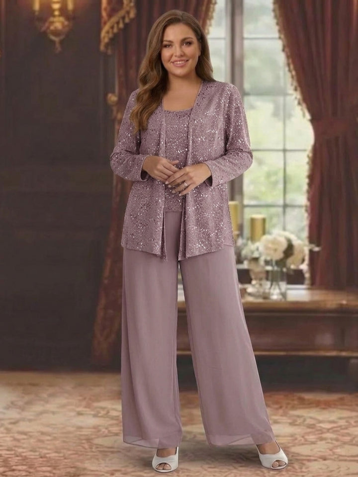 Chiffon Plus Size Mother of the Bride Pantsuits with Jacket &amp; Sequins