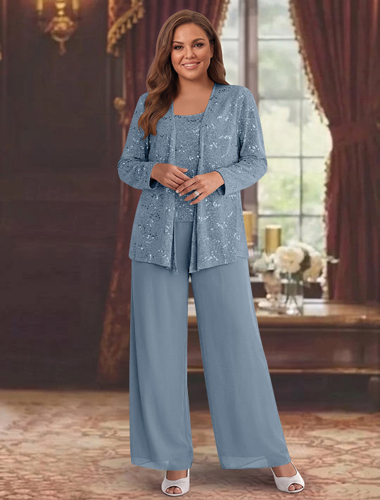 Chiffon Plus Size Mother of the Bride Pantsuits with Jacket &amp; Sequins
