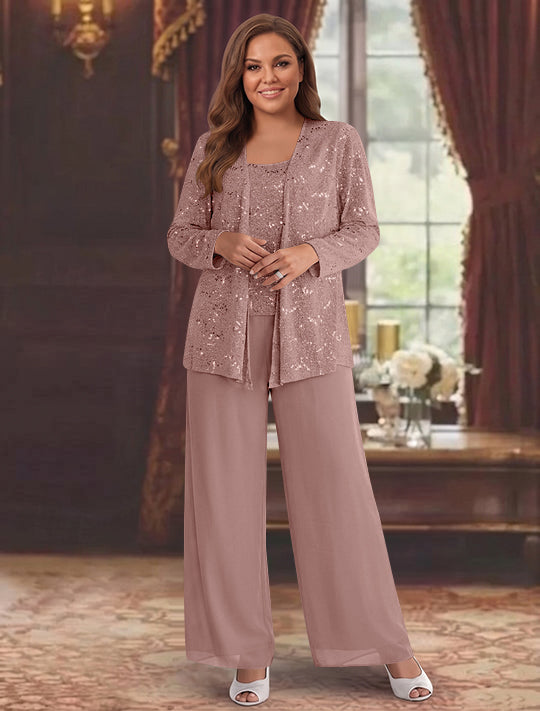 Chiffon Plus Size Mother of the Bride Pantsuits with Jacket &amp; Sequins