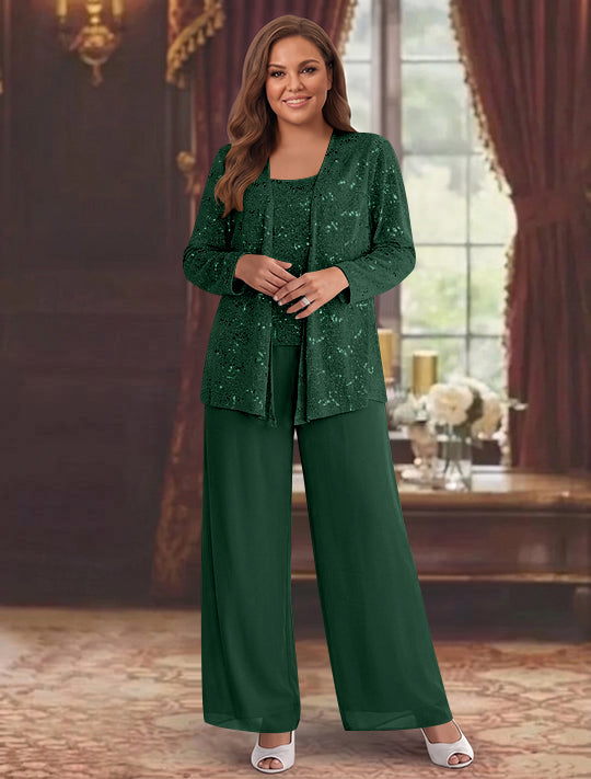Chiffon Plus Size Mother of the Bride Pantsuits with Jacket &amp; Sequins