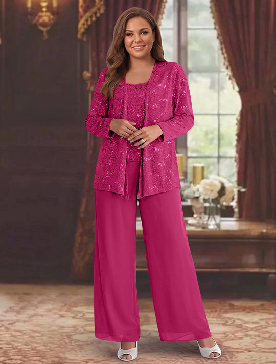 Chiffon Plus Size Mother of the Bride Pantsuits with Jacket &amp; Sequins