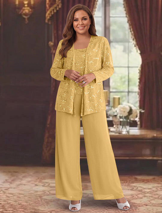 Chiffon Plus Size Mother of the Bride Pantsuits with Jacket &amp; Sequins
