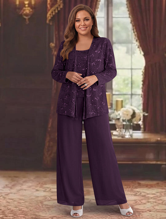 Chiffon Plus Size Mother of the Bride Pantsuits with Jacket &amp; Sequins