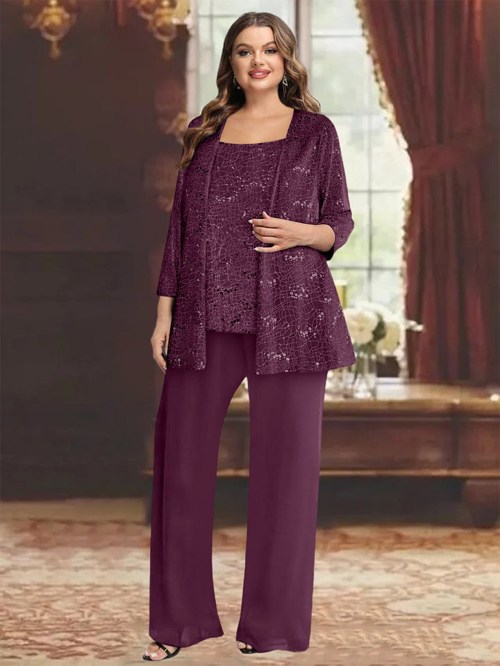 Chiffon Plus Size Mother of the Bride Pantsuits with Jacket & Sequins