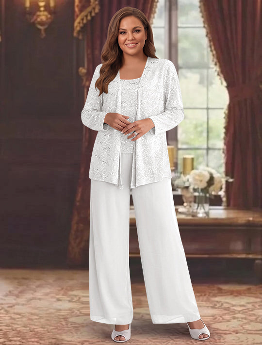 Chiffon Plus Size Mother of the Bride Pantsuits with Jacket &amp; Sequins