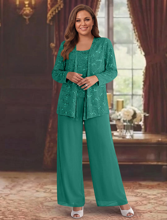 Chiffon Plus Size Mother of the Bride Pantsuits with Jacket &amp; Sequins
