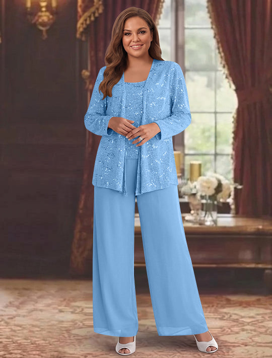 Chiffon Plus Size Mother of the Bride Pantsuits with Jacket &amp; Sequins