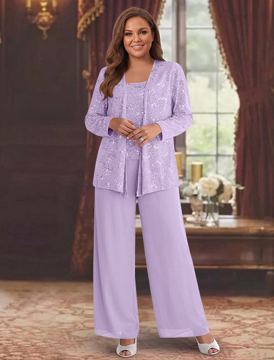 Chiffon Plus Size Mother of the Bride Pantsuits with Jacket &amp; Sequins