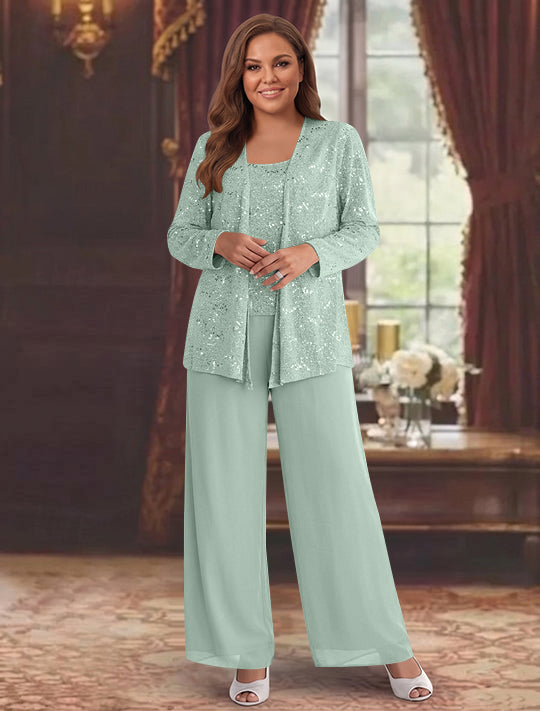 Chiffon Plus Size Mother of the Bride Pantsuits with Jacket &amp; Sequins