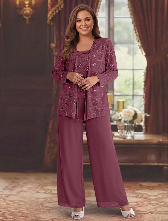 Chiffon Plus Size Mother of the Bride Pantsuits with Jacket &amp; Sequins