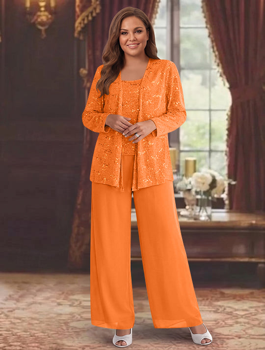 Chiffon Plus Size Mother of the Bride Pantsuits with Jacket &amp; Sequins