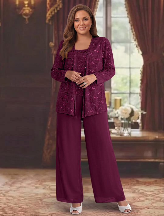 Chiffon Plus Size Mother of the Bride Pantsuits with Jacket &amp; Sequins