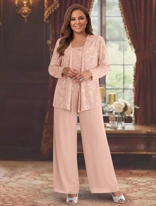 Chiffon Plus Size Mother of the Bride Pantsuits with Jacket &amp; Sequins