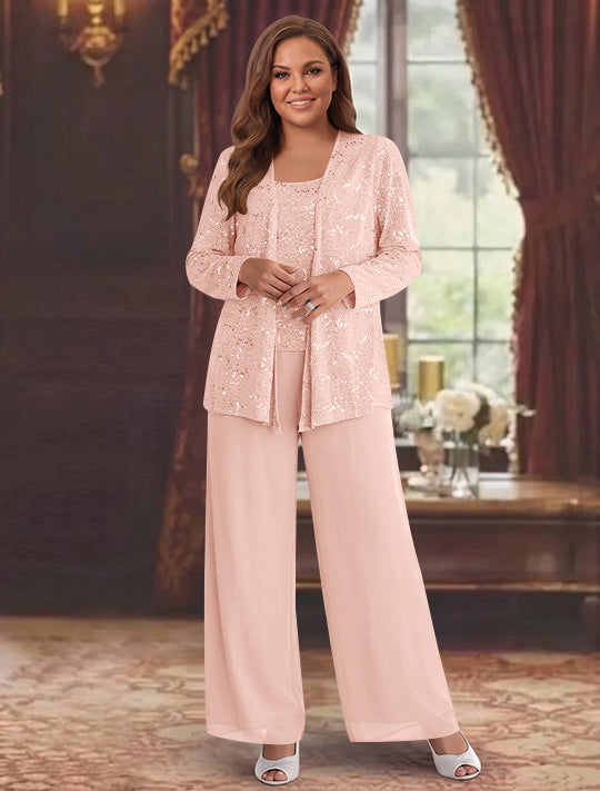 Chiffon Plus Size Mother of the Bride Pantsuits with Jacket &amp; Sequins