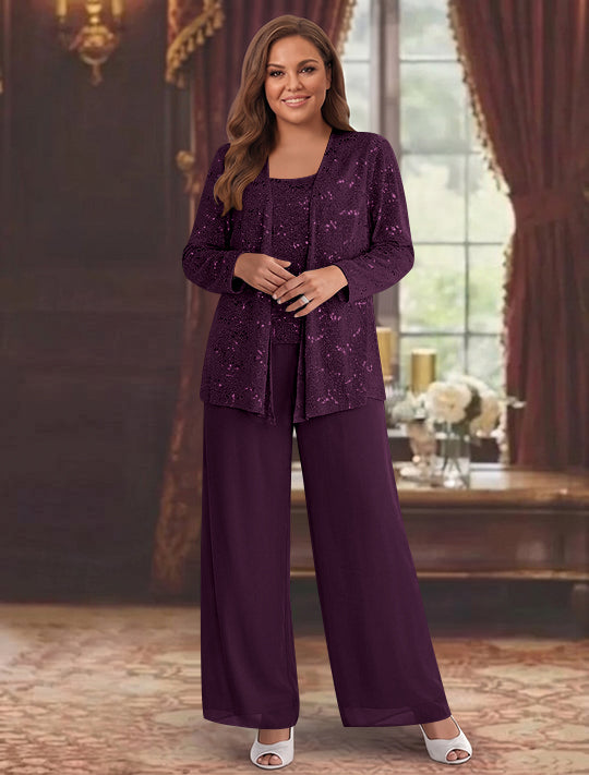 Chiffon Plus Size Mother of the Bride Pantsuits with Jacket &amp; Sequins