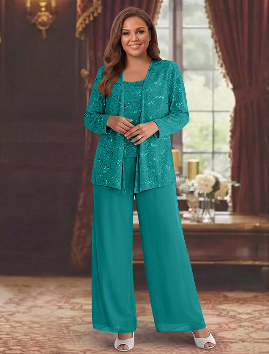 Chiffon Plus Size Mother of the Bride Pantsuits with Jacket &amp; Sequins