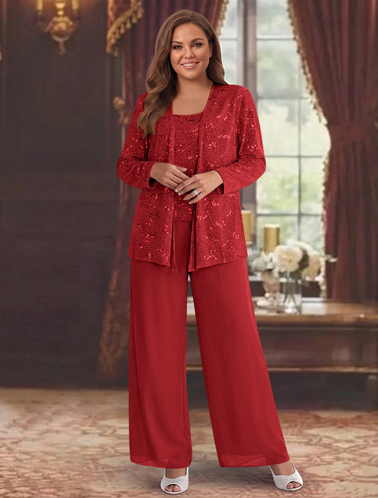 Chiffon Plus Size Mother of the Bride Pantsuits with Jacket &amp; Sequins