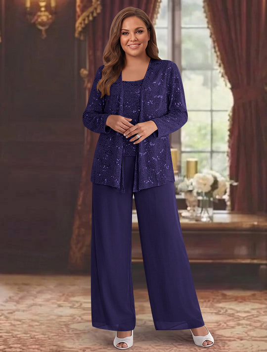 Chiffon Plus Size Mother of the Bride Pantsuits with Jacket &amp; Sequins