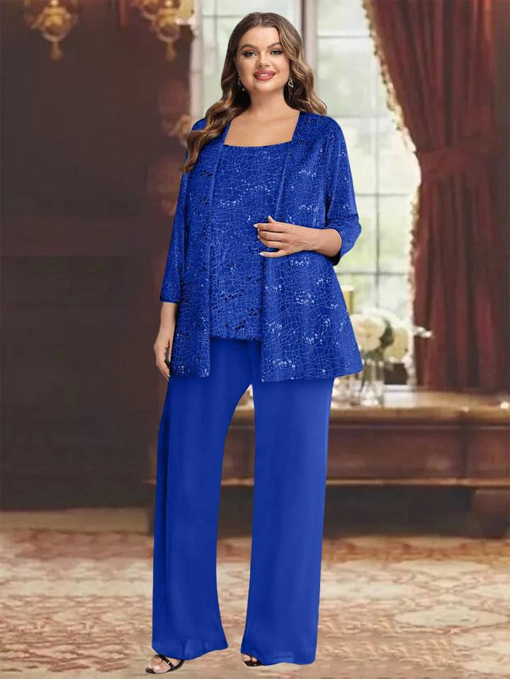 Chiffon Plus Size Mother of the Bride Pantsuits with Jacket & Sequins