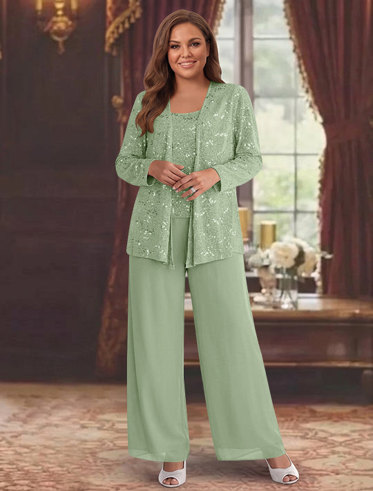Chiffon Plus Size Mother of the Bride Pantsuits with Jacket &amp; Sequins