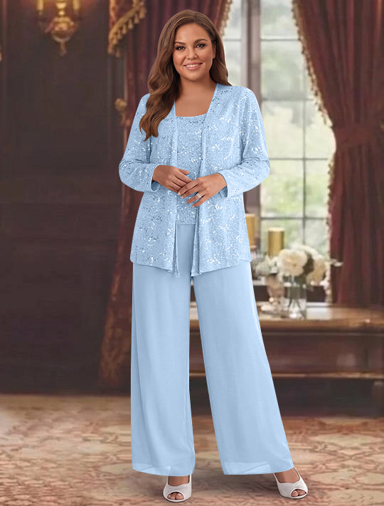Chiffon Plus Size Mother of the Bride Pantsuits with Jacket &amp; Sequins