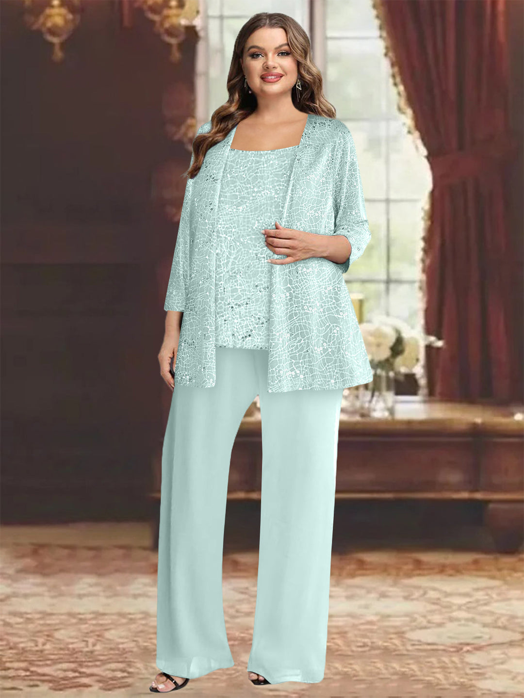 Chiffon Plus Size Mother of the Bride Pantsuits with Jacket & Sequins