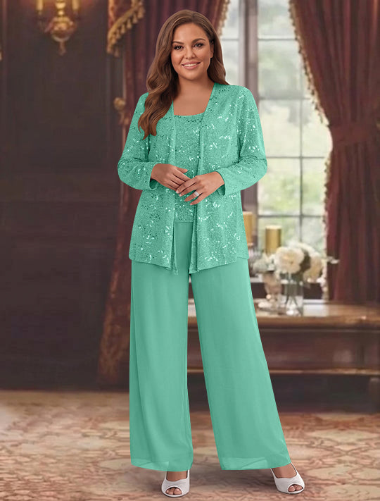 Chiffon Plus Size Mother of the Bride Pantsuits with Jacket &amp; Sequins