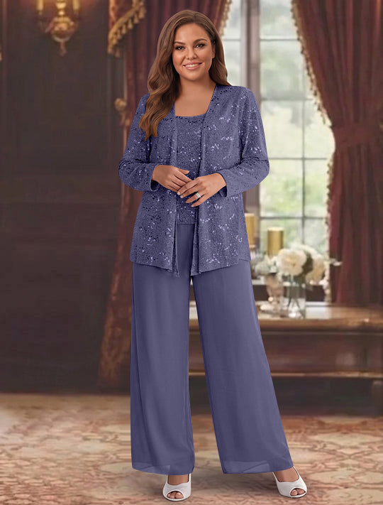 Chiffon Plus Size Mother of the Bride Pantsuits with Jacket &amp; Sequins