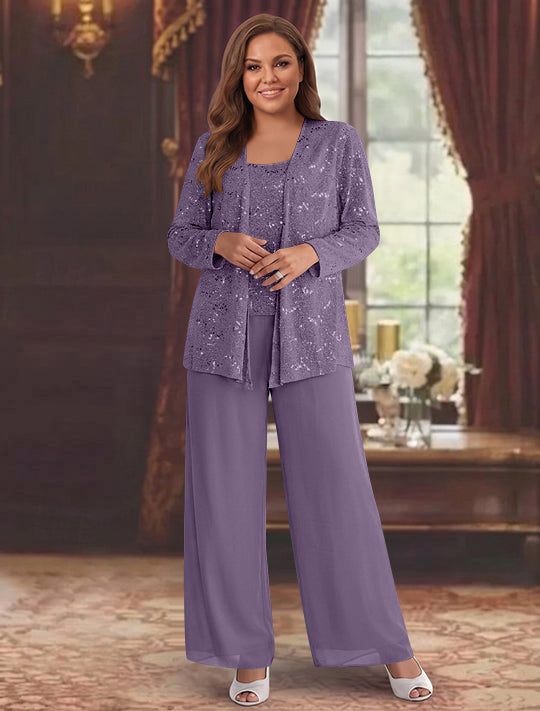Chiffon Plus Size Mother of the Bride Pantsuits with Jacket &amp; Sequins