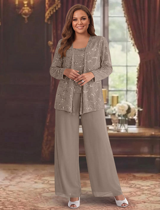Chiffon Plus Size Mother of the Bride Pantsuits with Jacket &amp; Sequins