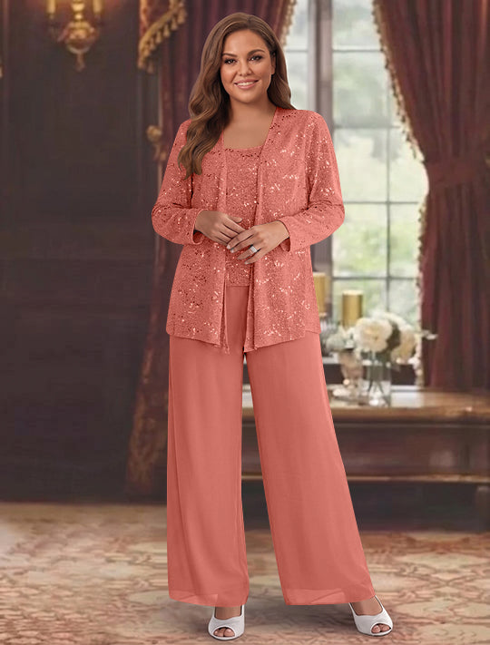 Chiffon Plus Size Mother of the Bride Pantsuits with Jacket &amp; Sequins