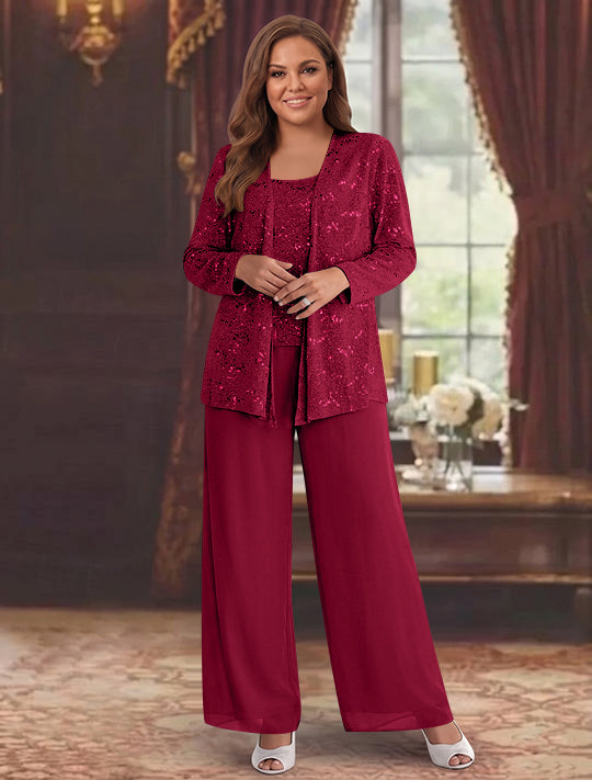 Chiffon Plus Size Mother of the Bride Pantsuits with Jacket &amp; Sequins