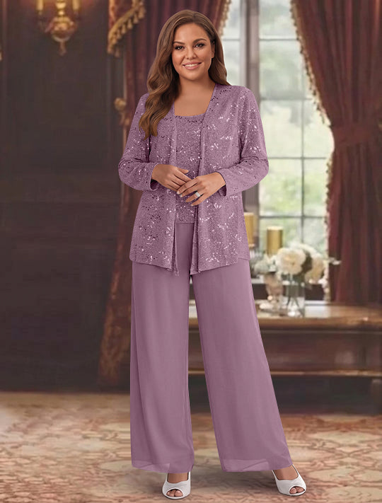 Chiffon Plus Size Mother of the Bride Pantsuits with Jacket &amp; Sequins