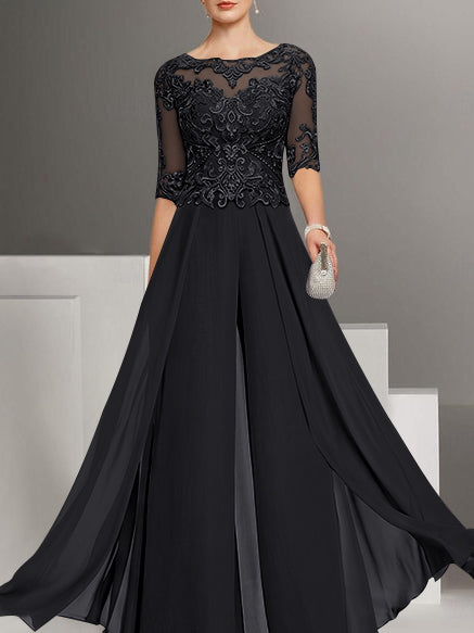 Chiffon Jewel Neck Half Sleeves Ankle-Length Mother of the Bride Pantsuits with Lace