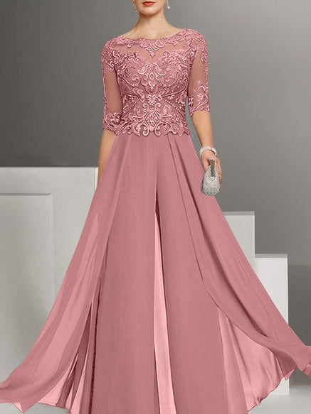 Chiffon Jewel Neck Half Sleeves Ankle-Length Mother of the Bride Pantsuits with Lace