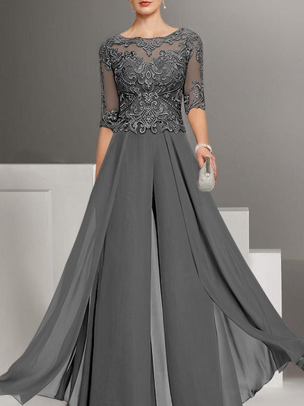 Chiffon Jewel Neck Half Sleeves Ankle-Length Mother of the Bride Pantsuits with Lace