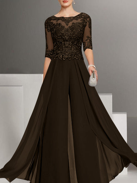 Chiffon Jewel Neck Half Sleeves Ankle-Length Mother of the Bride Pantsuits with Lace