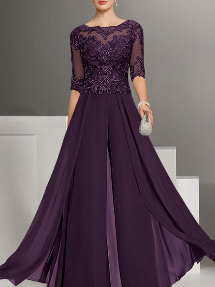 Chiffon Jewel Neck Half Sleeves Ankle-Length Mother of the Bride Pantsuits with Lace