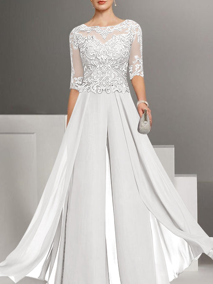 Chiffon Jewel Neck Half Sleeves Ankle-Length Mother of the Bride Pantsuits with Lace
