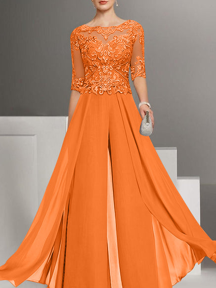 Chiffon Jewel Neck Half Sleeves Ankle-Length Mother of the Bride Pantsuits with Lace