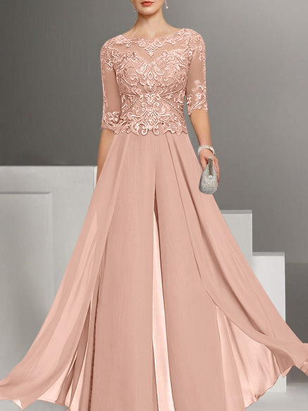 Chiffon Jewel Neck Half Sleeves Ankle-Length Mother of the Bride Pantsuits with Lace