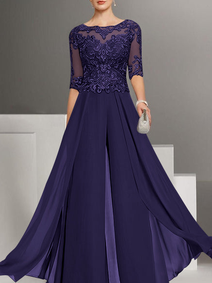 Chiffon Jewel Neck Half Sleeves Ankle-Length Mother of the Bride Pantsuits with Lace