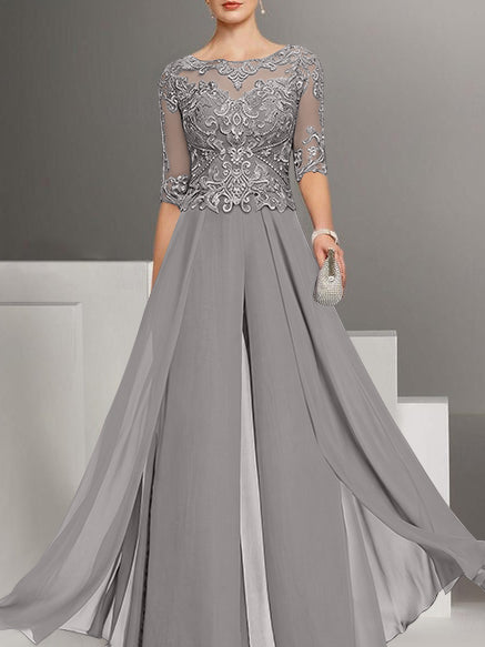 Chiffon Jewel Neck Half Sleeves Ankle-Length Plus Size Mother of the Bride Pantsuits with Lace