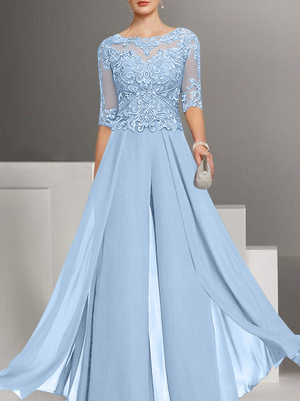 Chiffon Jewel Neck Half Sleeves Ankle-Length Mother of the Bride Pantsuits with Lace